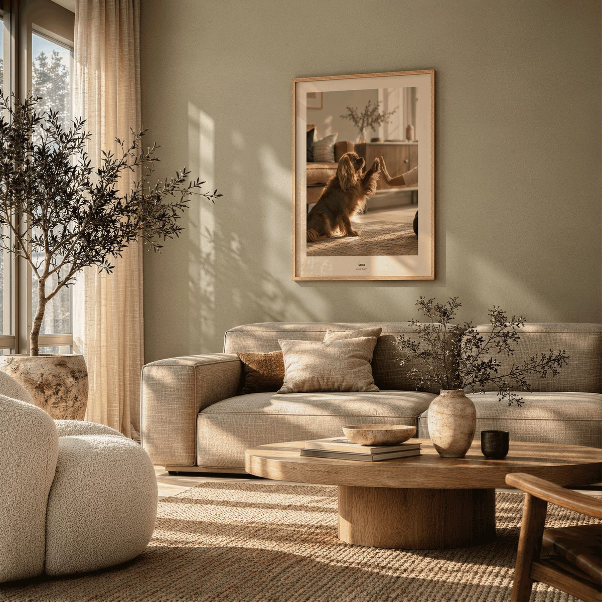 A framed photo poster of a dog giving a high five, on a living-room wall