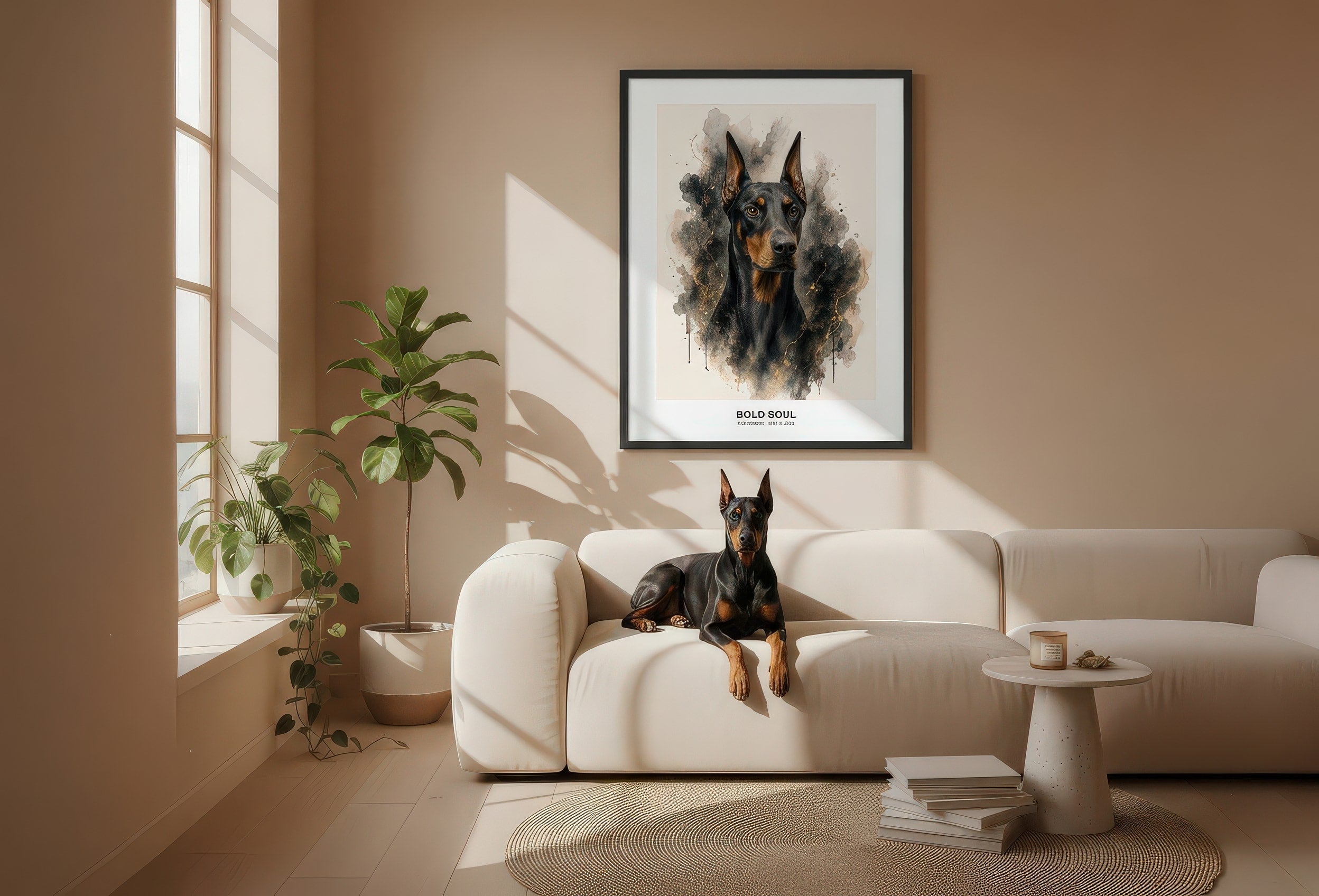 Pet portrait poster in a beautiful living room