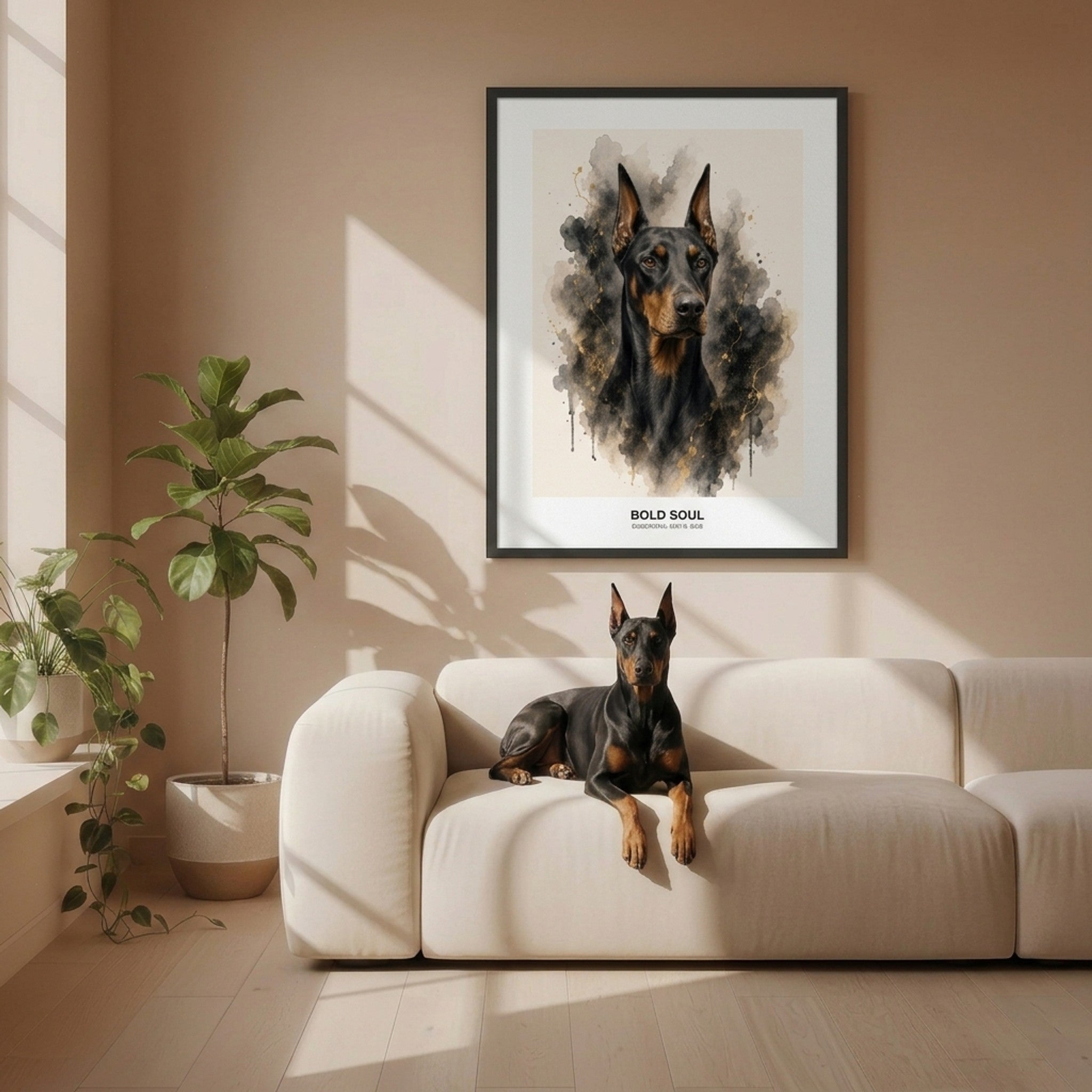 Pet portrait poster in a beautiful living room