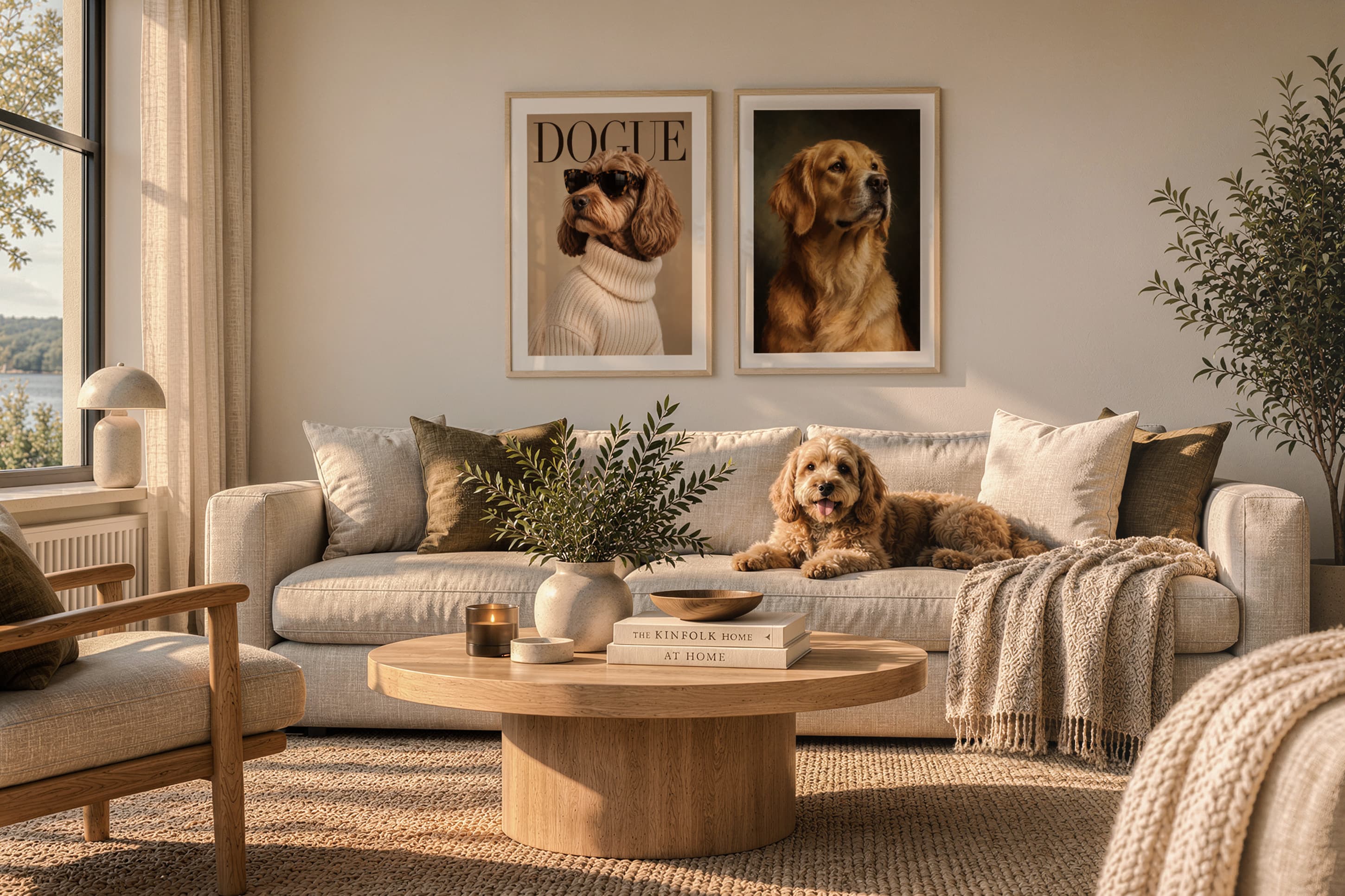 Pet portrait poster in a beautiful living room