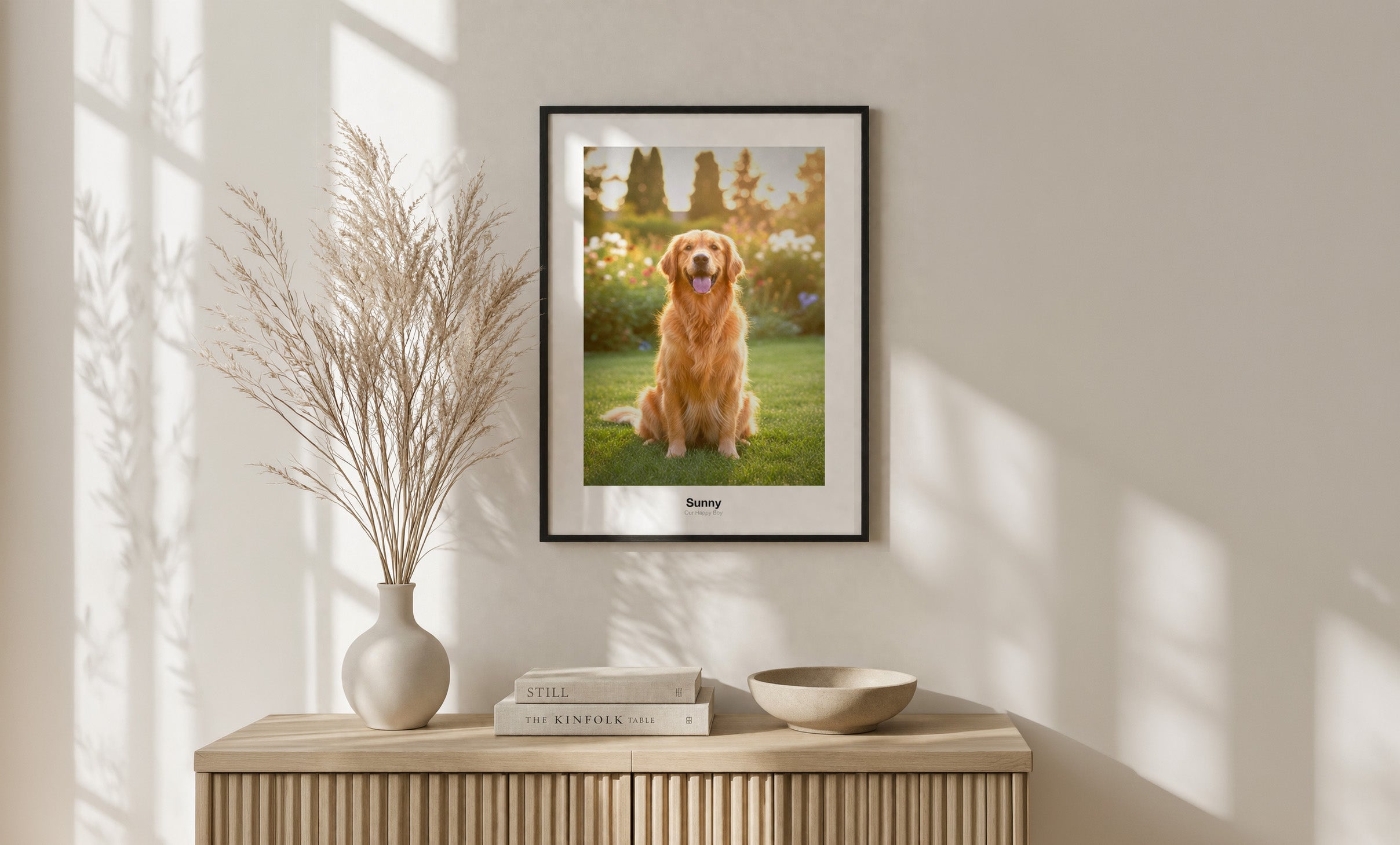 Photo poster of a golden retriever in a modern living room
