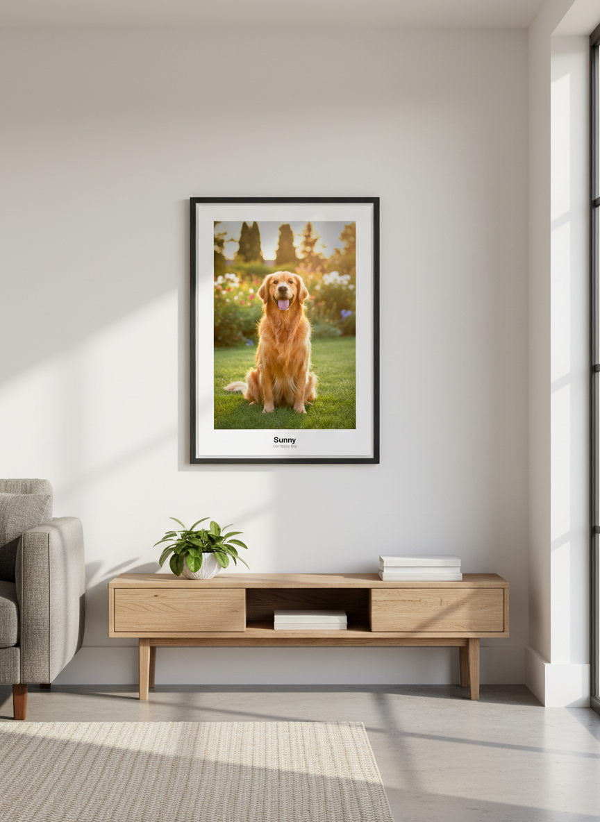 Gallery wall with filtered pet photo posters